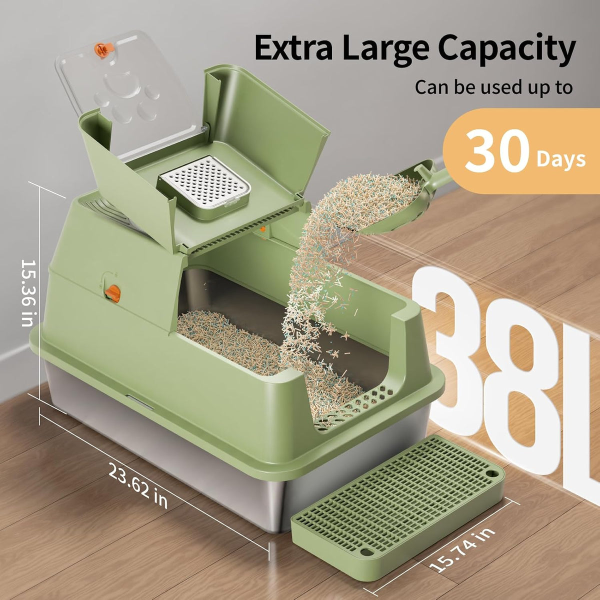Stainless Steel Cat Litter Box with Lid, Flip-Top XL Large - Green - image 4