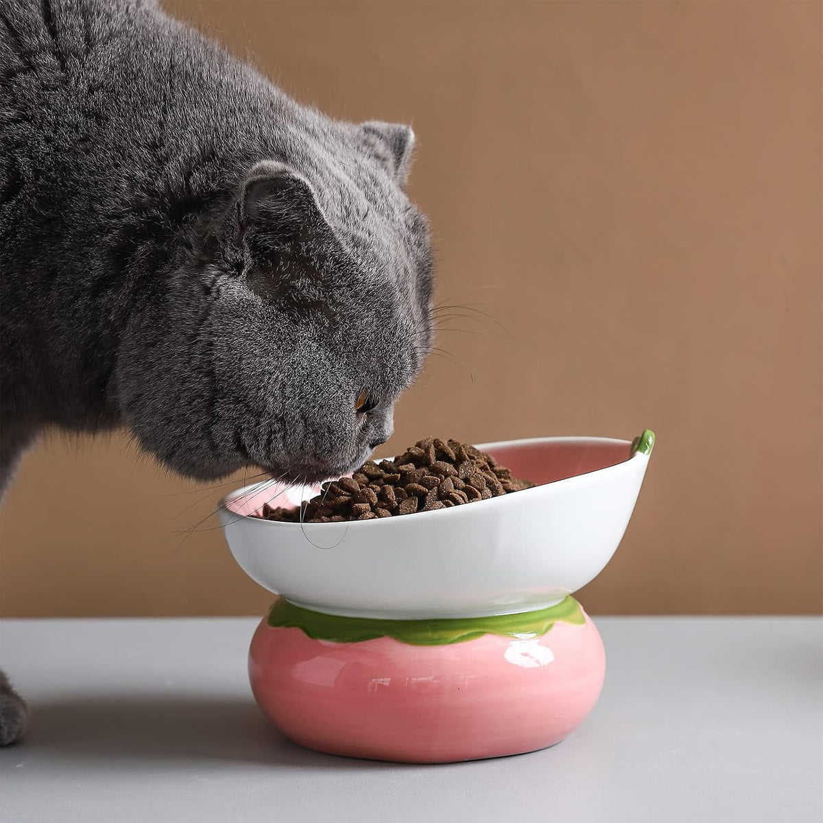 Ceramic Raised Cat Bowl, Strawberry Shaped - Pink - image 3