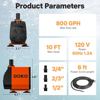 DOKO 800GPH Submersible Water Fountain Pump for Pond, Aquarium - 60W 800GPH - image 2