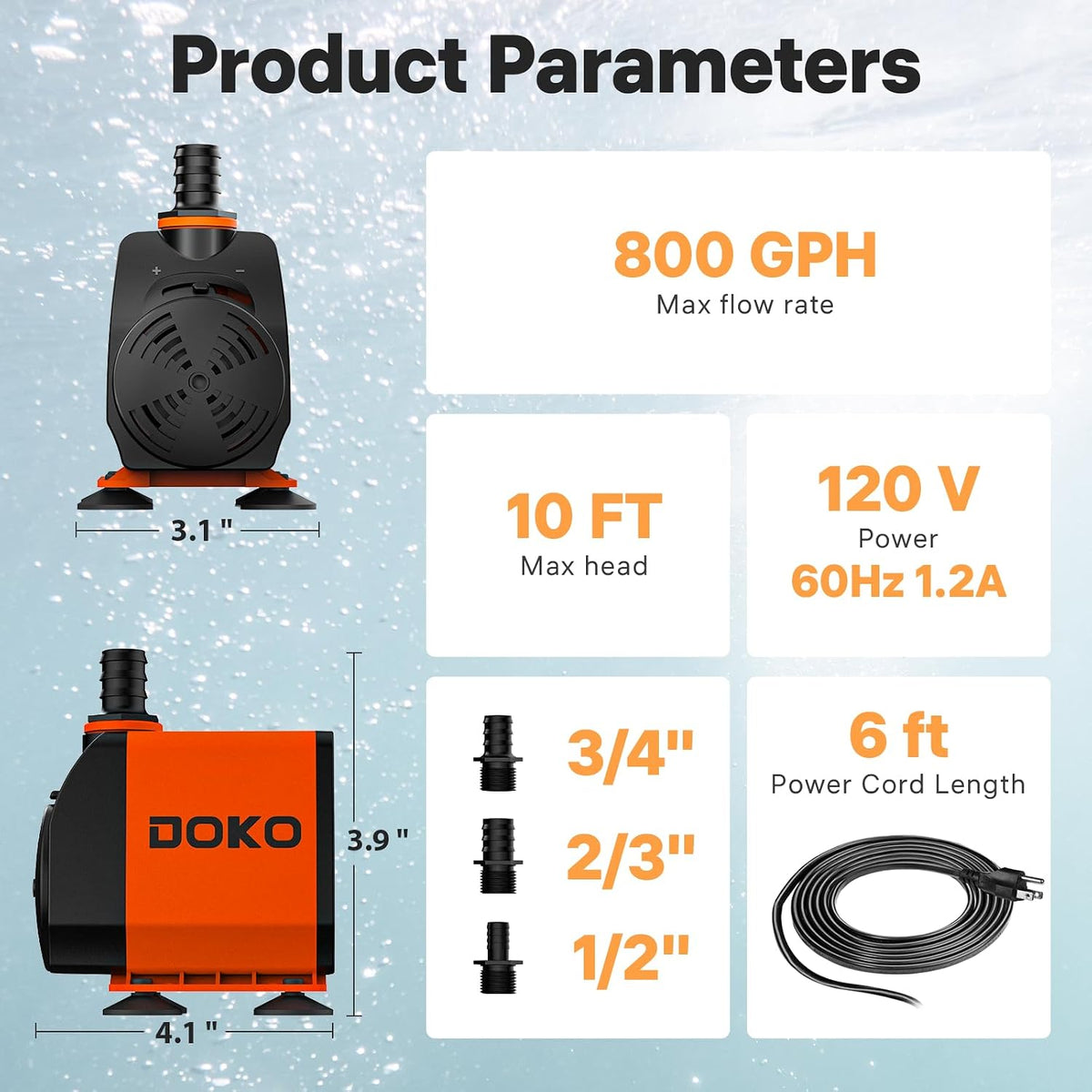 DOKO 800GPH Submersible Water Fountain Pump for Pond, Aquarium - 60W 800GPH - image 2
