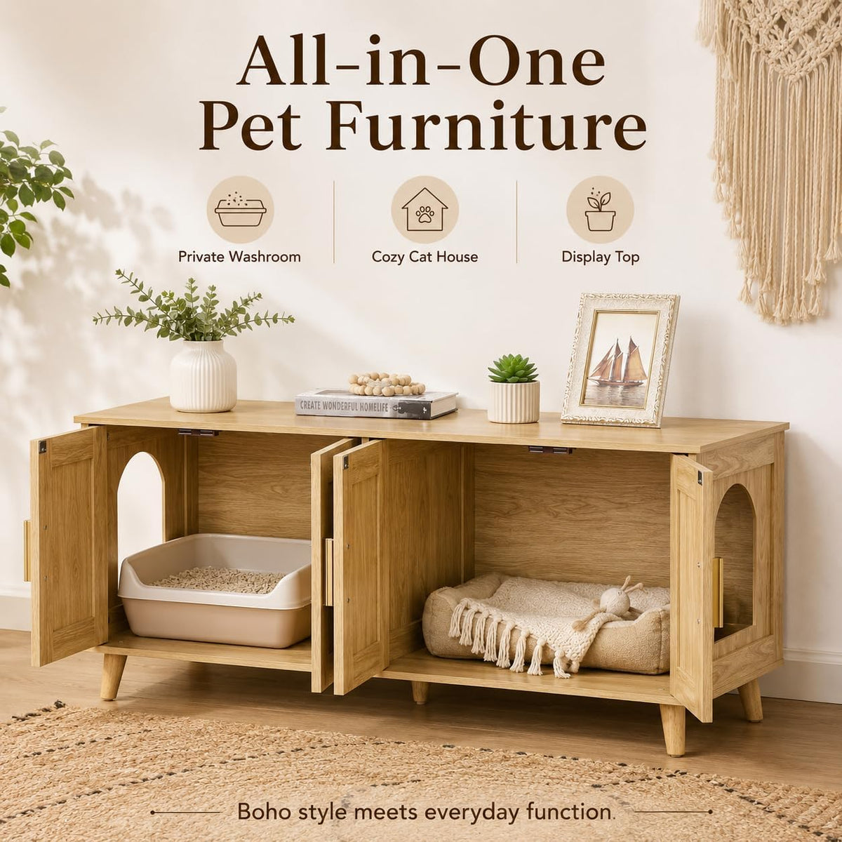Boho Cat Litter Box Enclosure for 2 Cats, Green and Natural – Essentials for Cats - Natural - image 4