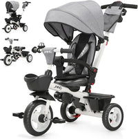 JMMD 7 in 1 Toddler Tricycle with Push Handle Trike Stroller for 1-5 - Grey