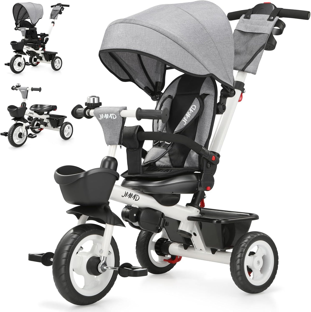 JMMD 7 in 1 Toddler Tricycle with Push Handle Trike Stroller for 1-5 - Grey