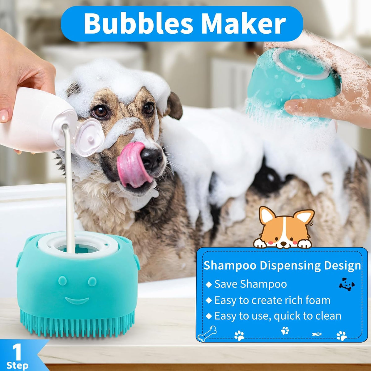 3-in-1 Dog Grooming Brush - Blue Blue White - image 2
