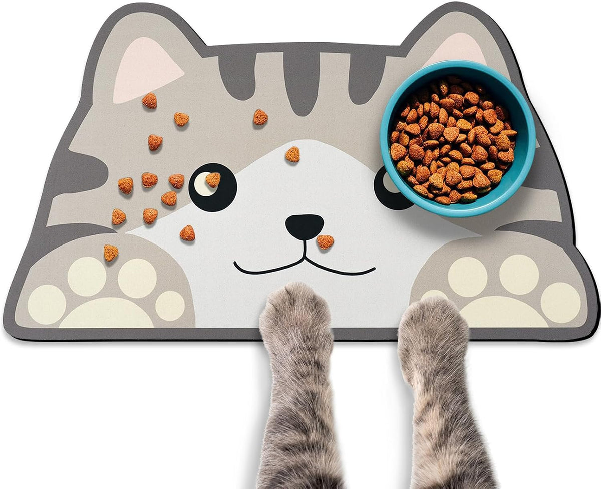 Cat Food Mats for Floor, Dog Pet Water Bowl Feeding Placemats for Food and Water Grey 17.7 * 9.8 - Cat Head / Medium