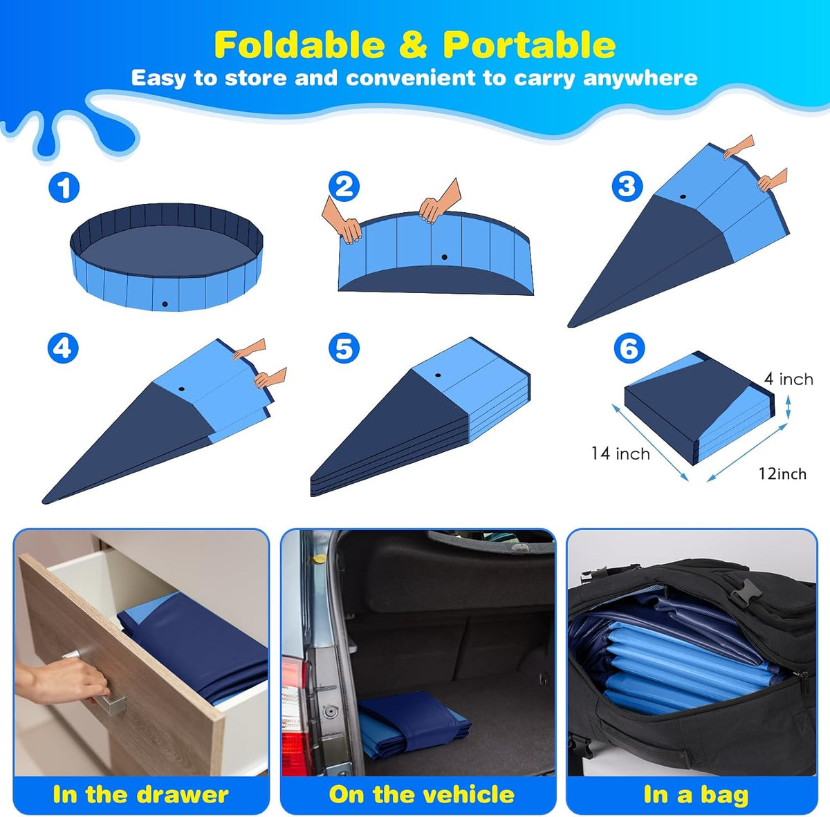 Jecoo Dog Pool for Large Dogs Kiddie Pool Hard Plastic Foldable Dog - Blue / XL-63" x 12" - image 4