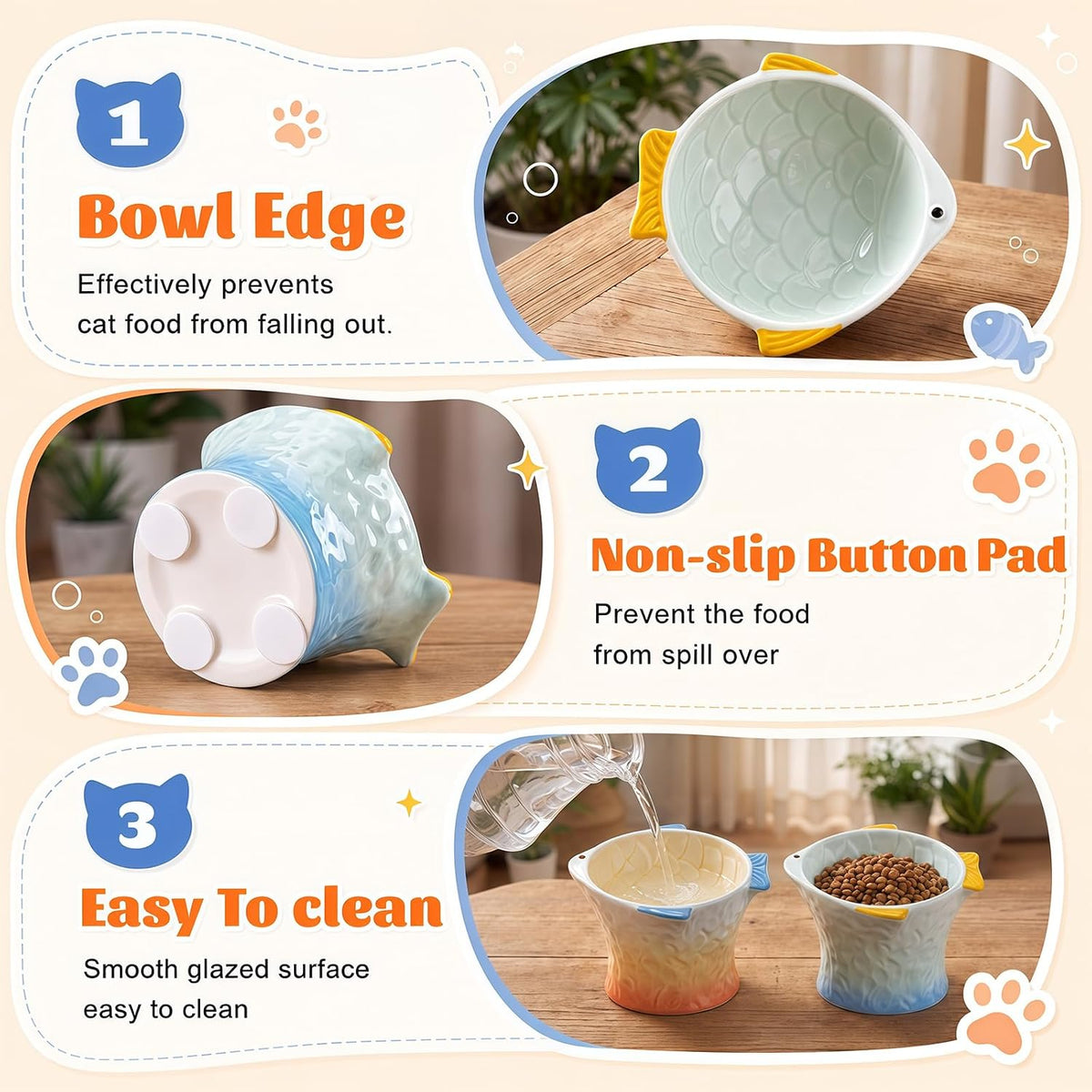 2 Pcs Elevated Cat Bowls, Raised Ceramic Food Bowls, Blue, Green – Essentials for Cats - Green, Yellow - image 3