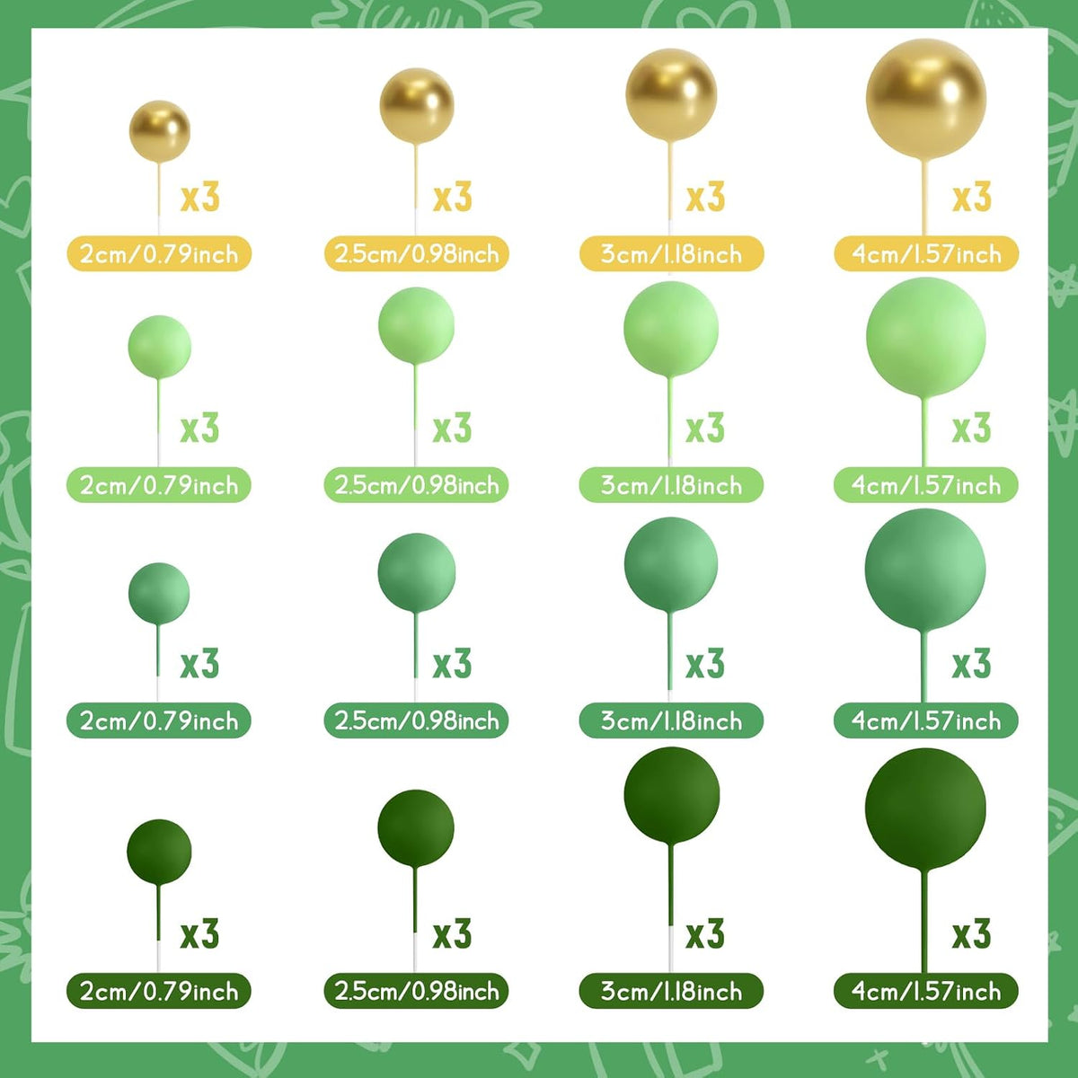 48 Pcs Balls Cake Topper Decorations Balloon Cupcake Toppers Foam - A07-green, Gold - image 2