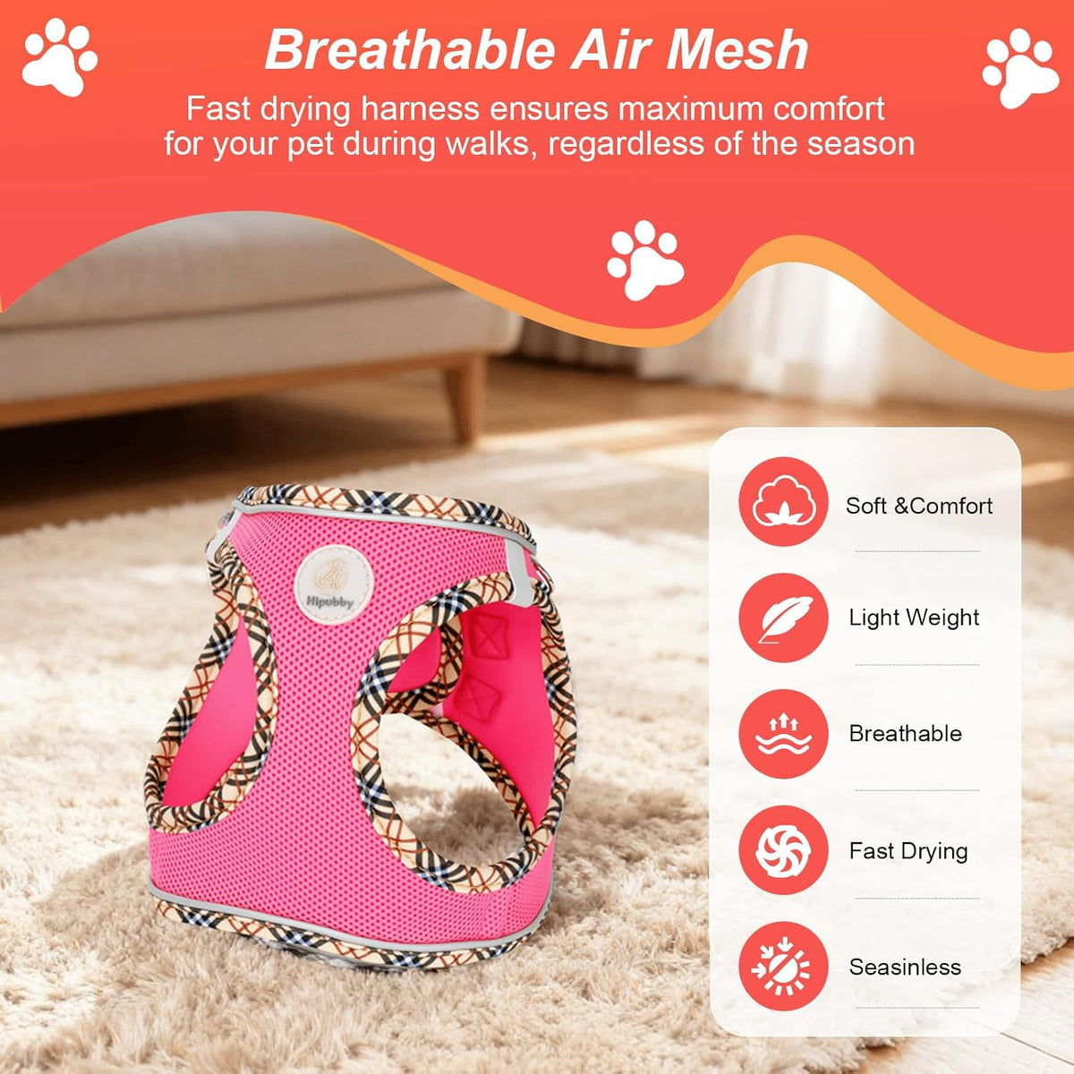 Hipubby Dog Harness Small Sized and Leash Set - Rose Red/Khaki Trim / XXS (Chest: 11"-12.5") - image 3