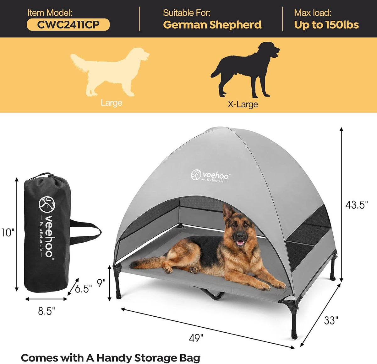 Veehoo Outdoor Dog Bed with Canopy - Grey / 49.0"L x 33.0"W x 43.5"Th - image 4