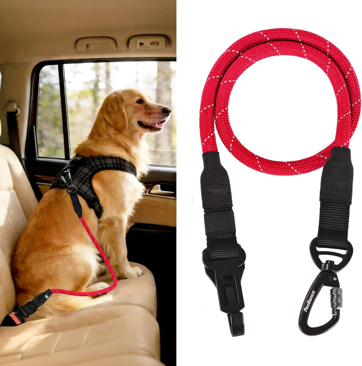 Dog Seat Belt for Car, Durable Rope Dog Car Harness for Vehicle – Essentials for Dogs - Red / 1 Pack