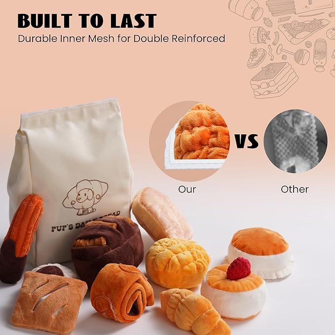 Nocciola 10 Pack Bread Dog Toys with a Bag,Crinkle Dog Squeaky Toys,Puppy Toys to Keep Them Busy,Small Dog Toys for Boredom,Durable Stuffed Plush Dog Toys for Small Medium Dogs,Dog Accessrioes Girl