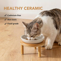 Elevated Cat Bowls, Ceramic Cat Bowl with Bamboo Stand Wide Opening – Essentials for Cats - White / Stripe x2 + Bamboo - image 4