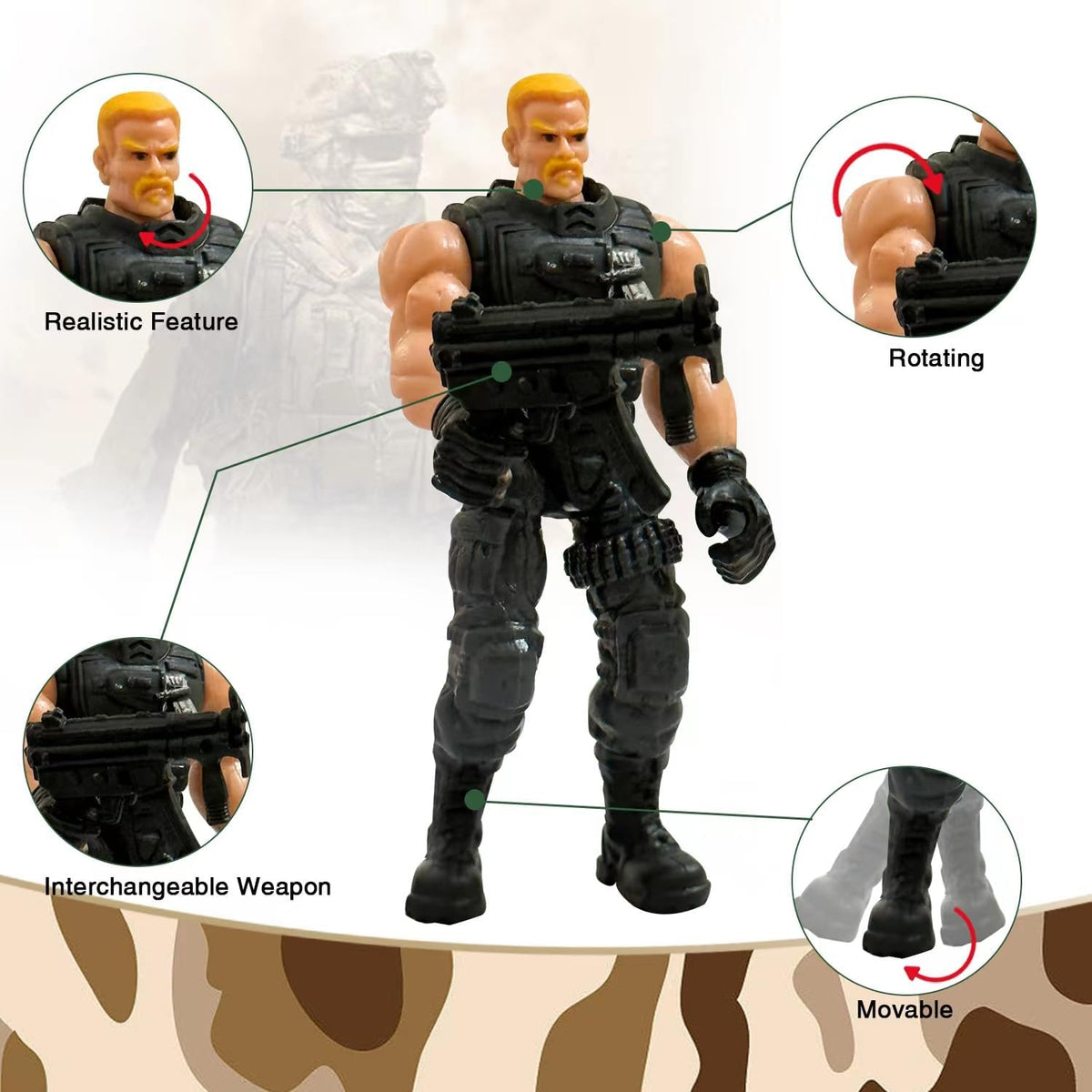 Army Men Action Figures, Soldiers Toys with Weapons for Boys 4-7 - Black - image 3