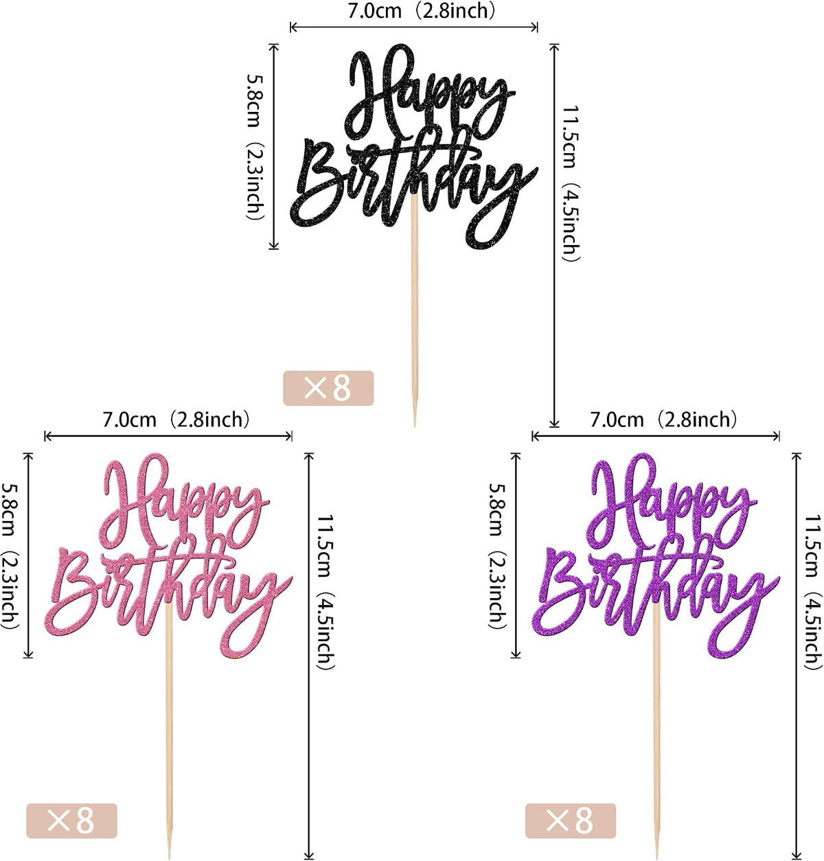 24 PCS Happy Birthday Cupcake Toppers Glitter Picks for Celebrating - Black Purple Pink - image 2