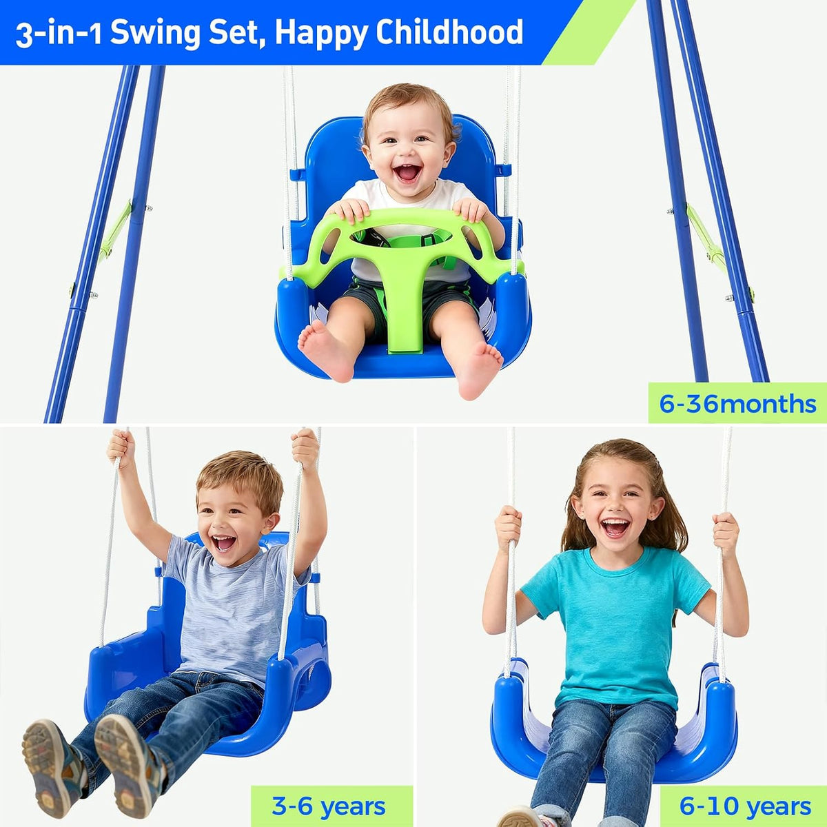 FUNLIO Toddler Swing with Foldable Metal Stand for Toddlers Aged 1~10 - Bluegreen - image 3
