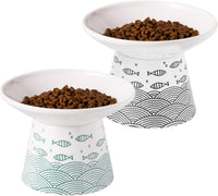 6.5 Inch Extra Wide Ceramic Elevated Cat Bowls - Black & Green Fish