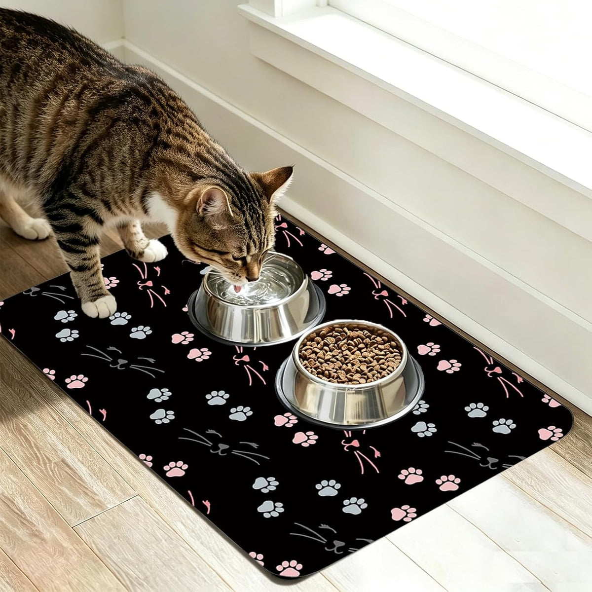 Patterned Cat & Dog Bowl Mat for Food and Water - Small (12" x 20") / A-Black-catpaw - image 2