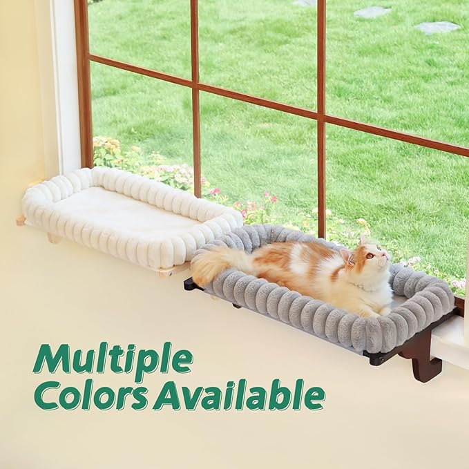 SnugCloud Cat Window Perch with 4-Sided Bolster - Orthopedic Cat Hammock for Window Sill - Solid Hardwood & Metal Frame - Window Seat for Pets (Dark Stained Wood w/Gray Bed, Medium)