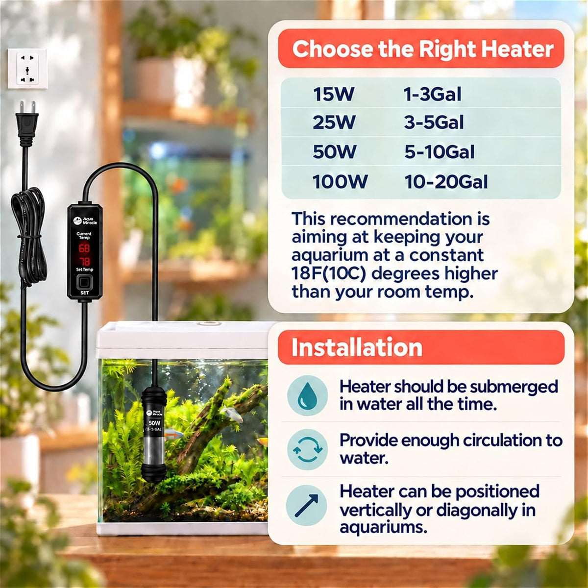 AquaMiracle 100W Dual LED Display Small Aquarium Heater for 10-20 Gal - 5-10 Gal Tanks - image 4