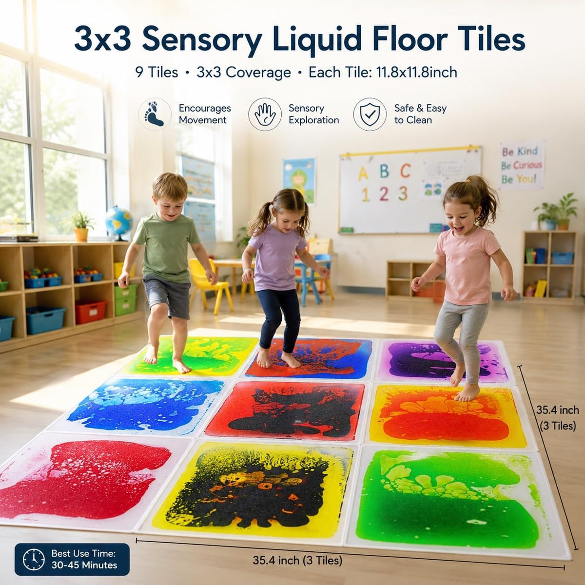 edusense 4 pack of 11.8 inch liquid sensory floor tiles with moving multicolor gel and non-slip base - view 9