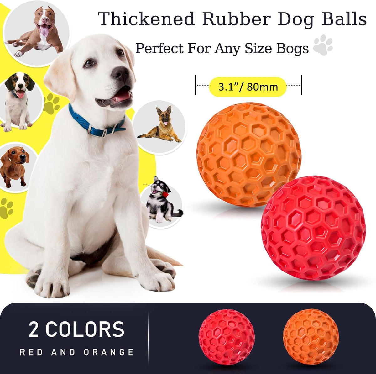 2 Pack Indestructible Squeaky Dog Balls for Aggressive Chewers - Red+Orange - image 2