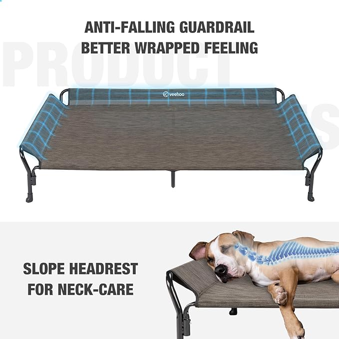 Veehoo Cooling Elevated Dog Bed, Guardrail Raised Pet Cot, Indoor & Outdoor XXL Pet Bed with Washable & Breathable Teslin Mesh, Non-Slip Feet, Dog Couch Bed, 62.5" x 37", Brown