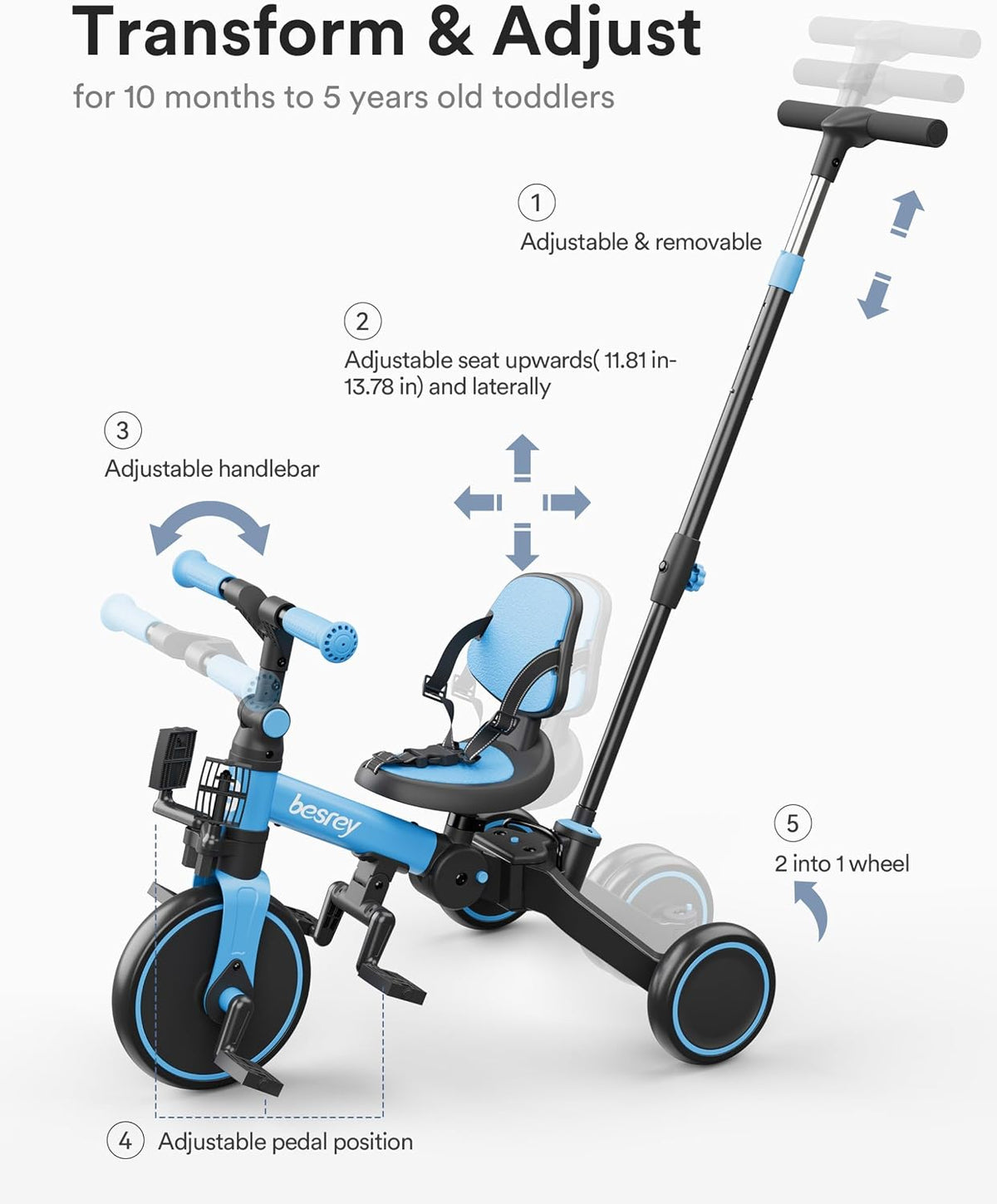 besrey Folding Toddler Tricycle-to-Balance Bike with Push Handle - Blue - image 4
