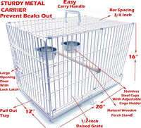 Durable Easy Portable Metal Travel or Veterinary Collapsable Parrot Bird Carrier Beaks Proof Cage with Stainless Steel Feeder Bowls Natural Wooden Perch Stand