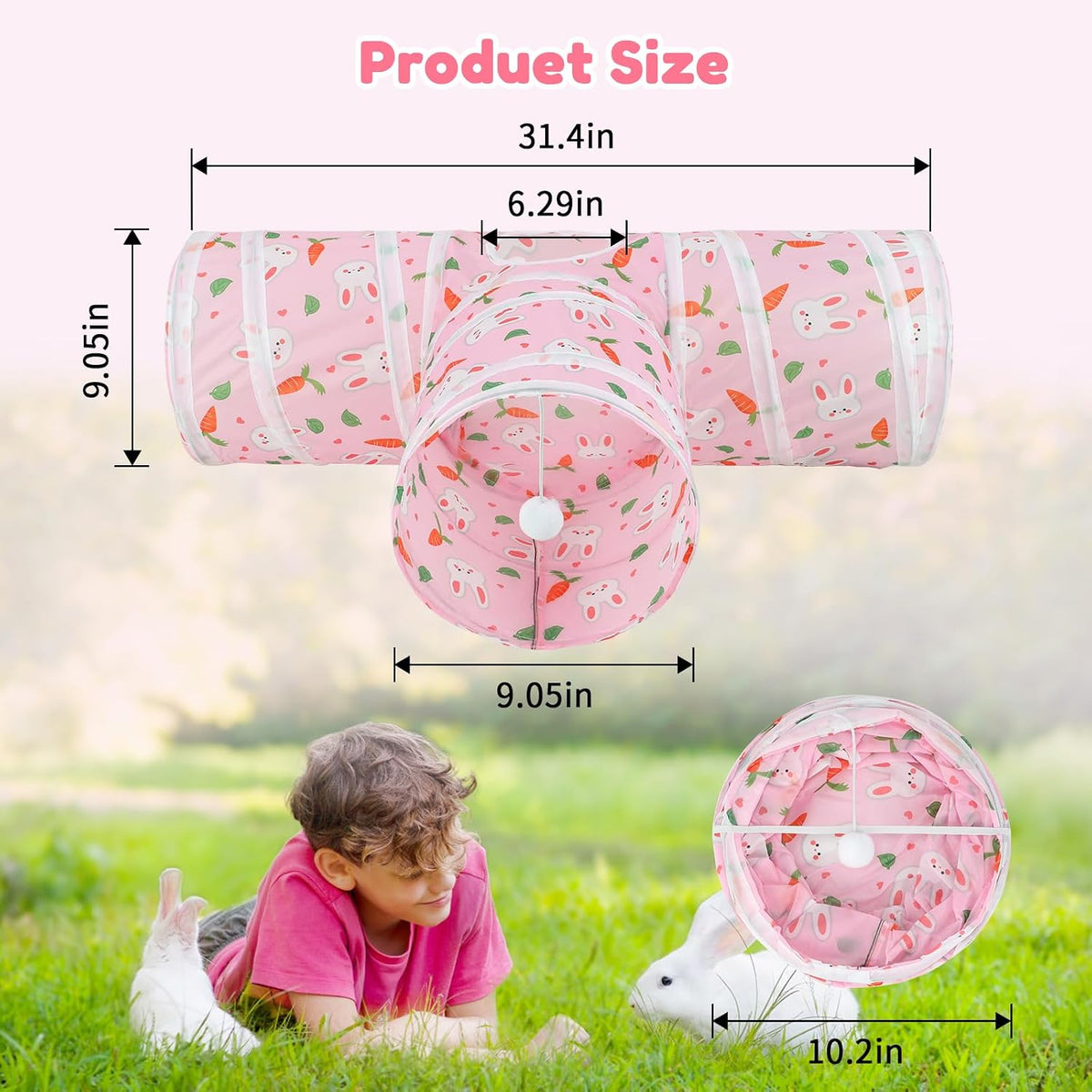 Bunny Tunnels & Tubes, 3-Way Collapsible Rabbit Hideout for Bunnies – Essentials for Small Pets - Pink - image 2