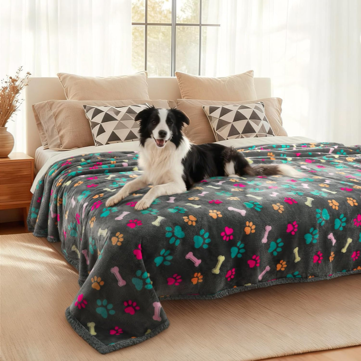 Luciphia Waterproof Dog Blanket Reversible Sherpa Fleece for Large - Queen (90" x82") / Grey Bone