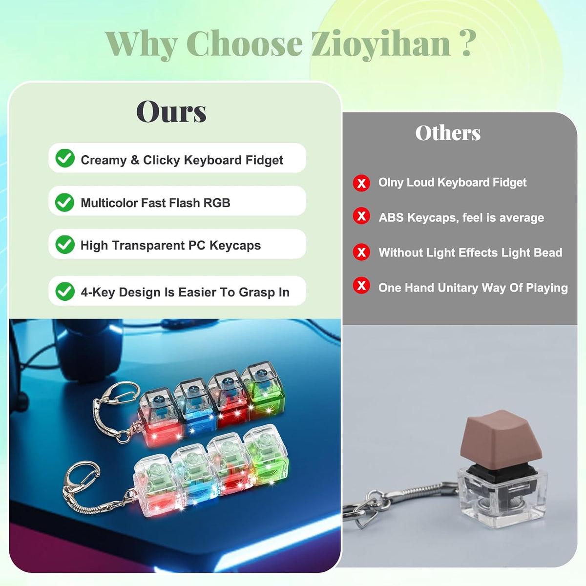 2 Pcs LED Keyboard Fidget Toy for Adults - Light Green Creamy+blue Switch - image 4