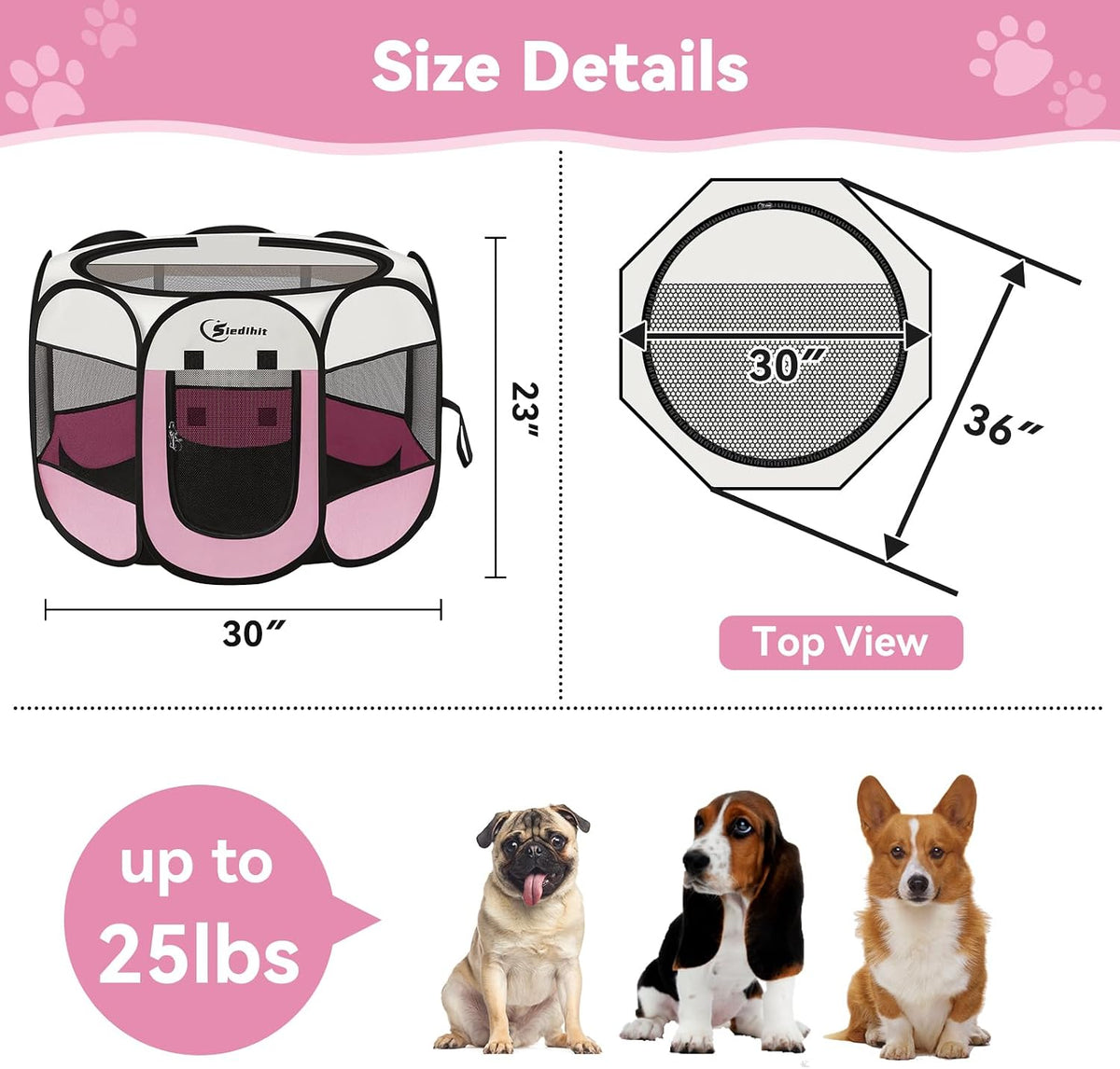 Siedihit Dog Cat Playpen, Puppy Pet Playpen Indoor for Small Dog Crate Tent Cage Outdoor, Portable - Pink / Medium - image 3