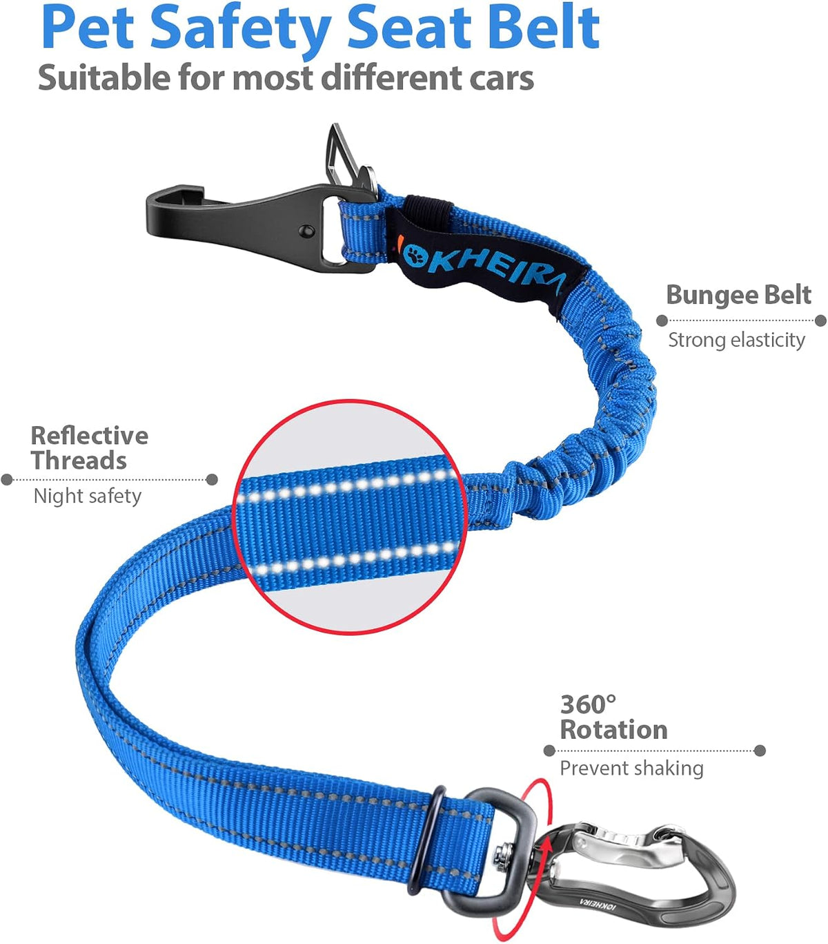 IOKHEIRA Dog Seatbelt, Updated Adjustable Harness Reflective Bungee Dog Car Seat Belt with Aviation - Indigo Bule - image 3