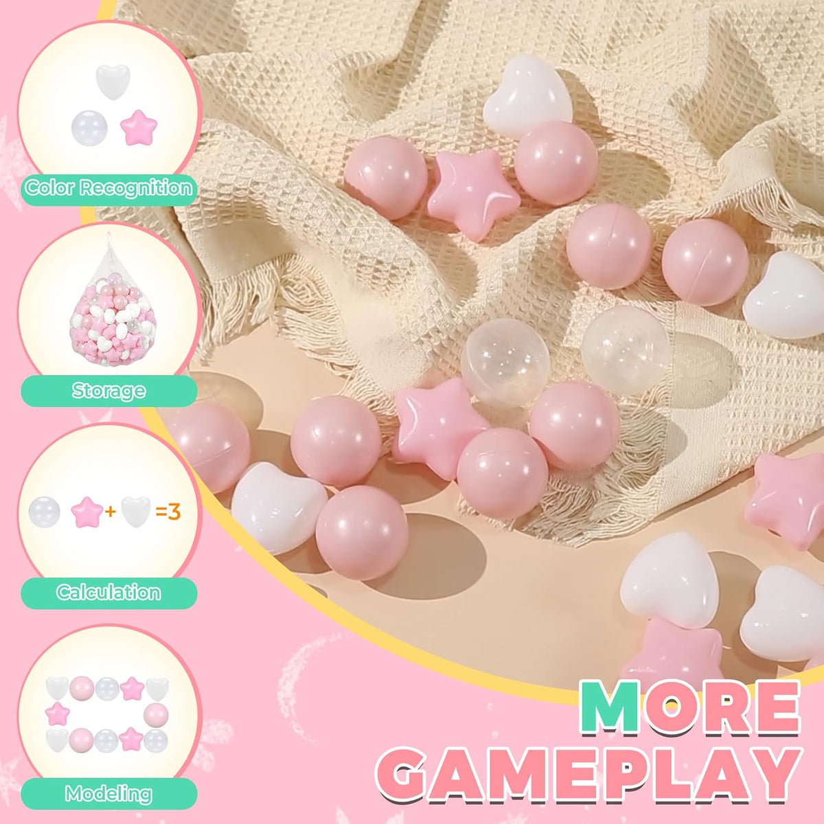 TRENDPLAY Ball Pit Balls Star and Heart Shapes for Toddlers - White Pink / 100 - image 2