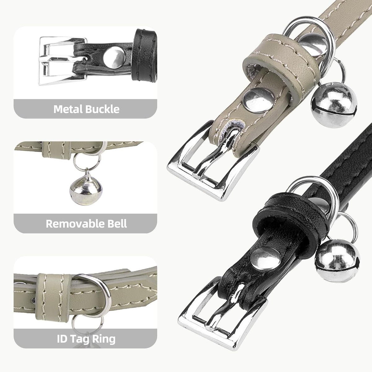 PUPTECK 2 PCS Soft Genuine Leather Cat Kitten Collar with Bells - Black&Khaki - image 3