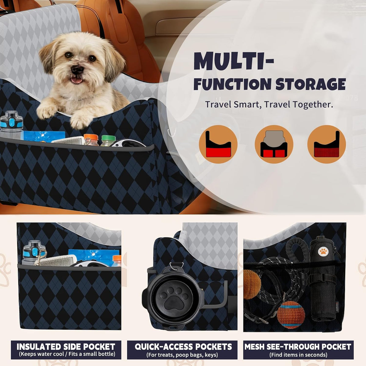 Dog Car Seat for Small/Medium Dogs up to 35lbs - Dark Blue/Black / Medium - image 2