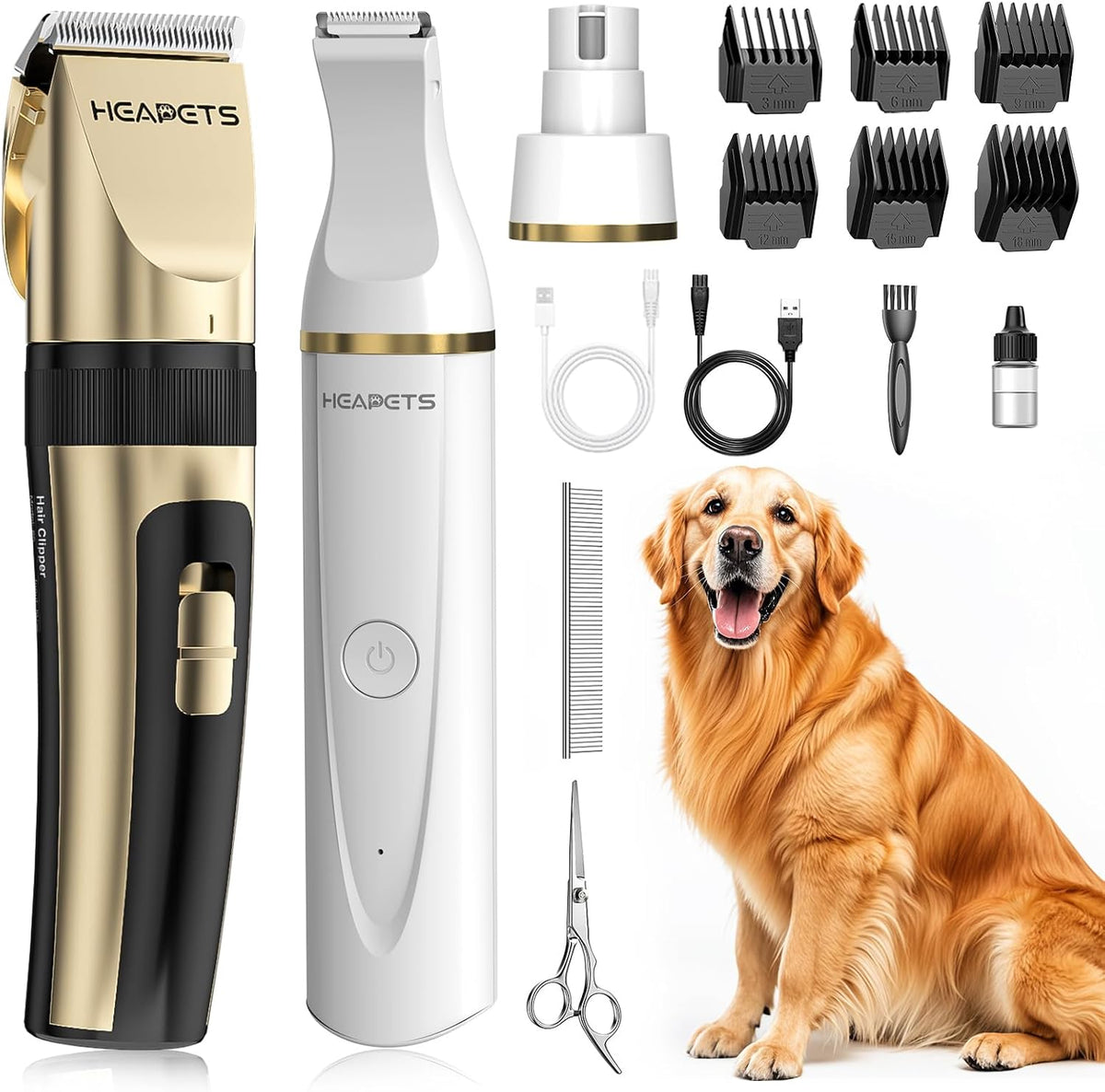HEAPETS Dog Hair Clippers for Grooming Kit and Dog Paw Trimmer Nail - Gold-white