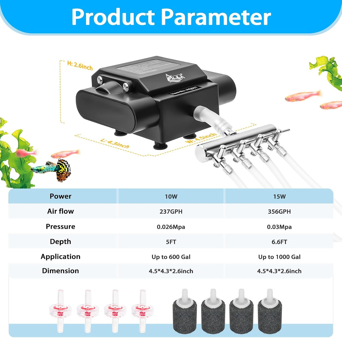 AQQA Aquarium Air Pump 10W 237GPH 4 Outlets Up to – Essentials for Fish - 15W - image 3