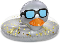 POZA inflatable duck pool float tube with gold confetti, sunglasses and orange beak