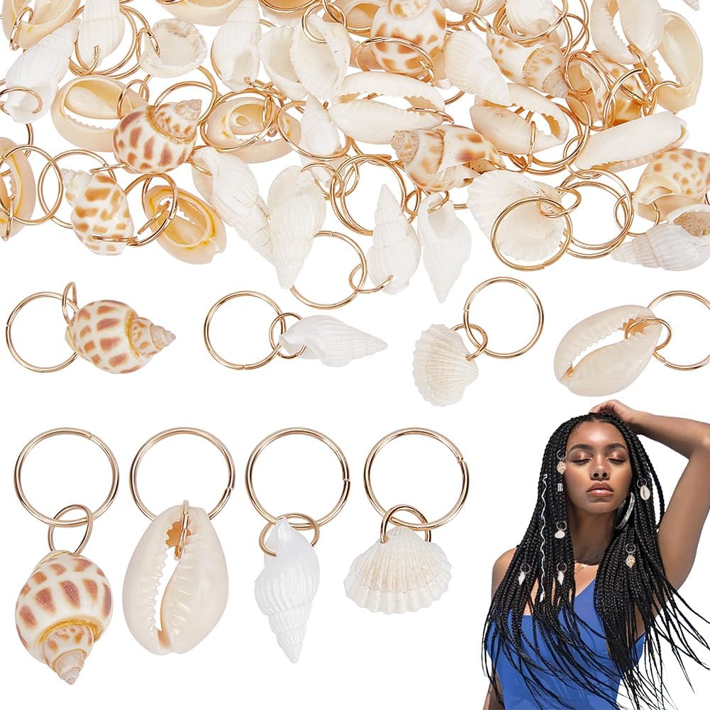 PLIGREAT 60 piece seashell and conch hair accessories, dreadlock rings and braid charms