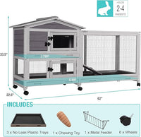 62" Rabbit Hutch with Chew-Proof Ramp & Waterproof Roof - Indoor/Outdoor Bunny Cage, 2-Story Design, 6 Lockable Caster Wheels & Dual Pull-Out Trays (Grey)