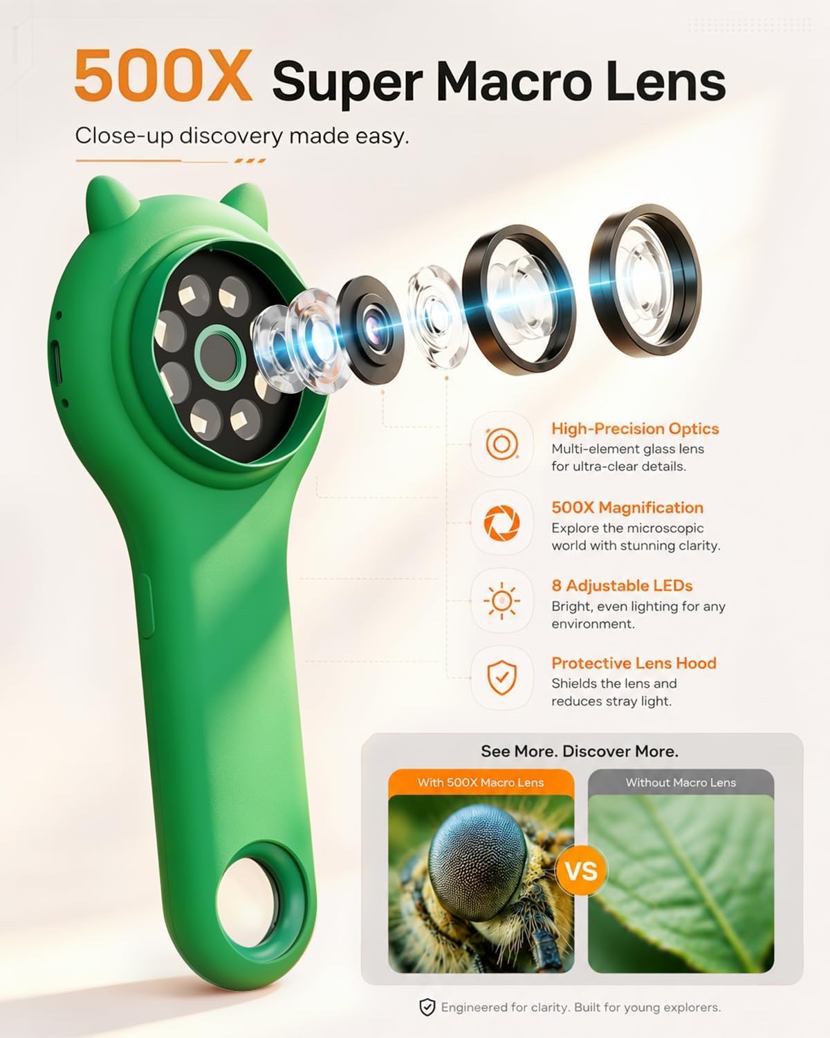 Kids Microscope, 500X Digital Magnifying Glass, Explore STEM Toy - Green / 1 Pcs - image 3