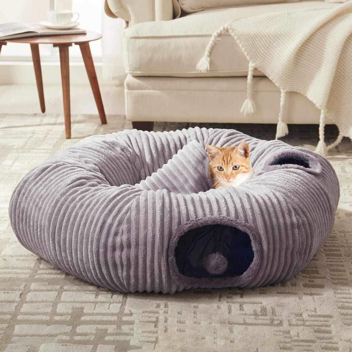Cat Tunnel Bed for Indoor Cats - Light Grey / L:33.5" x 33.5" x 10" - image 2