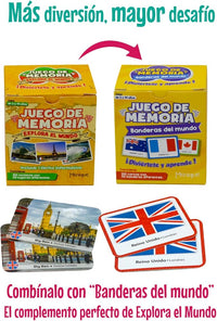 Menique Explore The World Memory Matching Game – Spanish Edition – 100 Cards (50 Pairs) with Iconic Landmarks, Country & Flag – Educational Geography Game in Spanish.