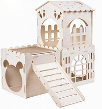 Large Rabbit House, Wooden Bunny Castle with 3 Houses Indoor - 3 Houses with 2 mats