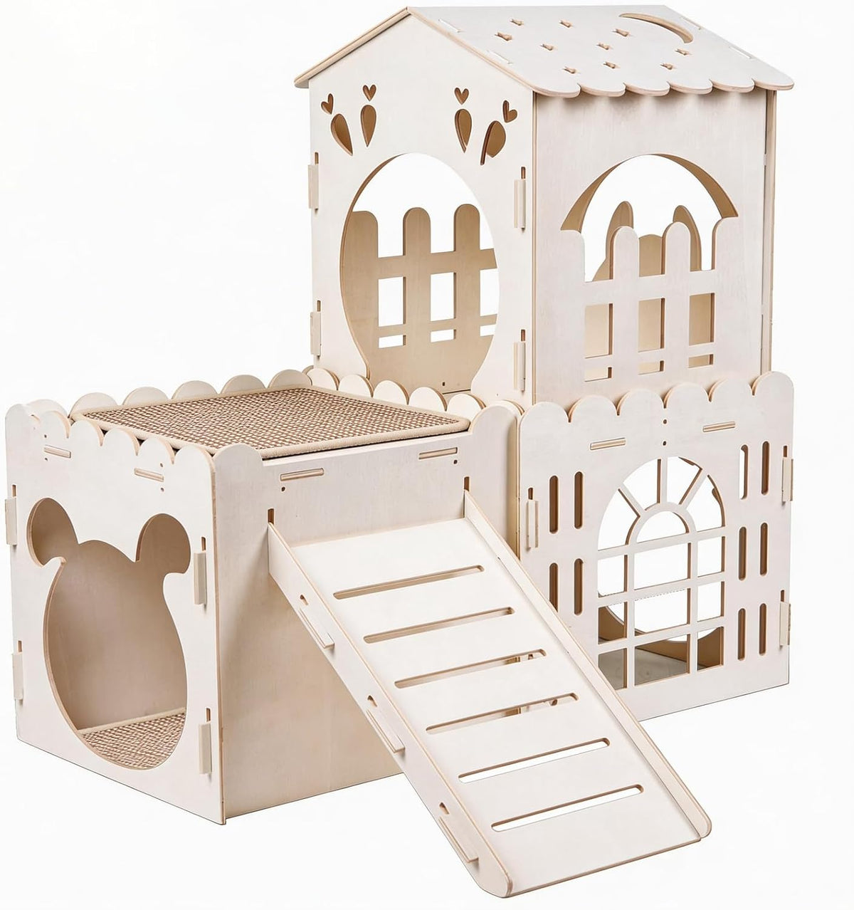 Large Rabbit House, Wooden Bunny Castle with 3 Houses Indoor - 3 Houses with 2 mats