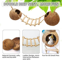 Natural Coconut Hide with Ladder Perches Hanging Bird House Toy - 1pc Double Coconut Hide with Ladder - image 3