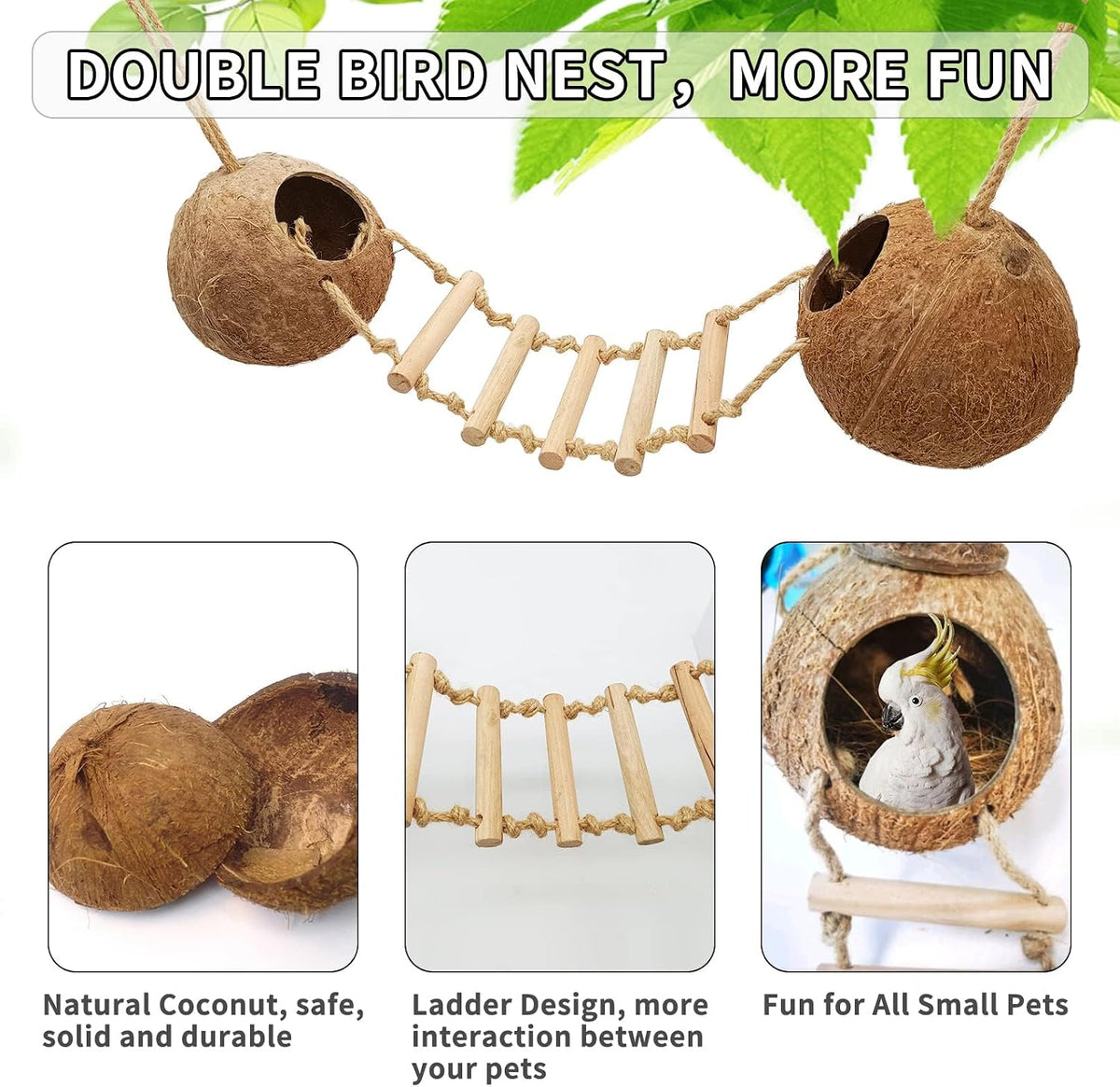 Natural Coconut Hide with Ladder Perches Hanging Bird House Toy - 1pc Double Coconut Hide with Ladder - image 3