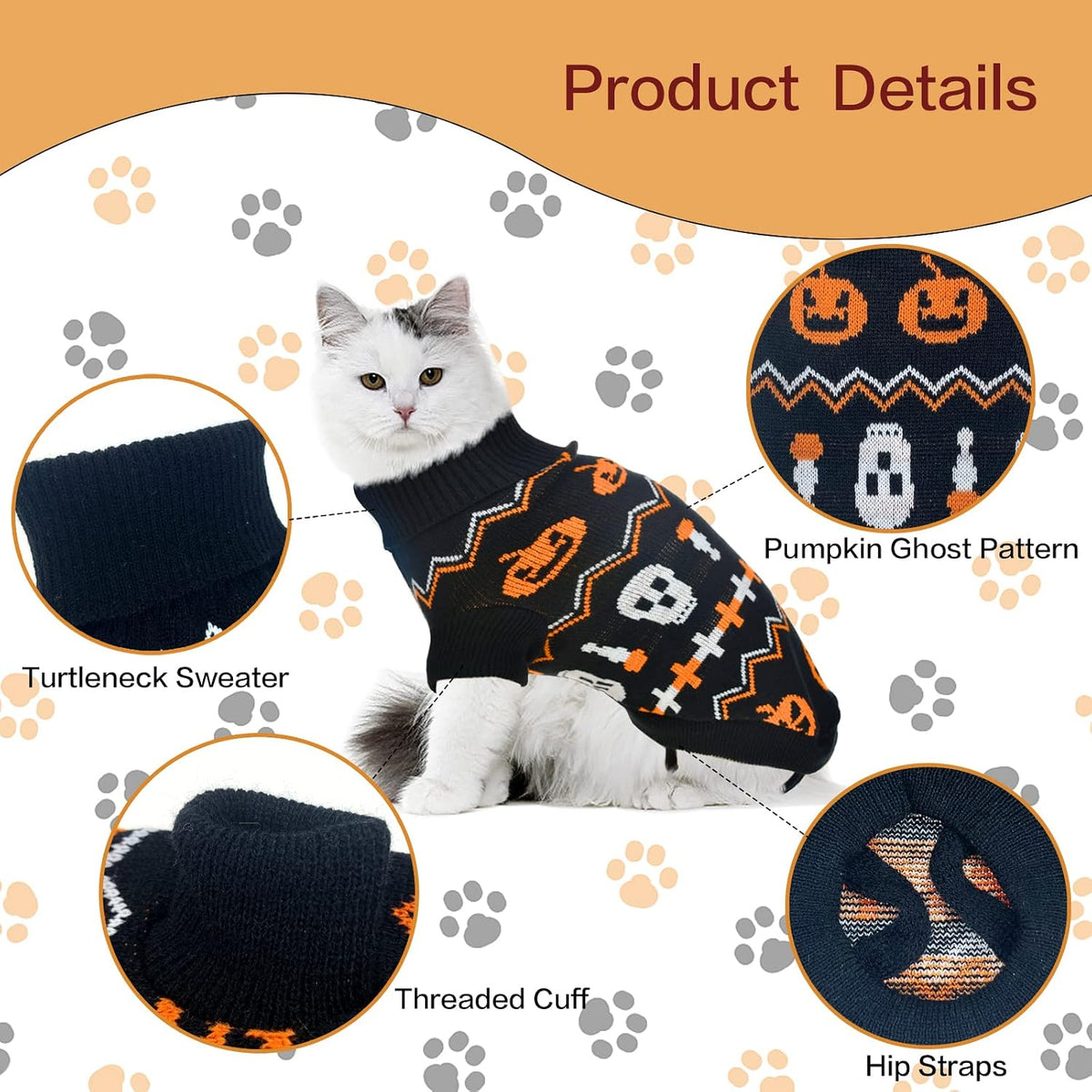 2 pack pet Halloween sweaters in orange pumpkin and black skull designs for cats and small dogs - view 3